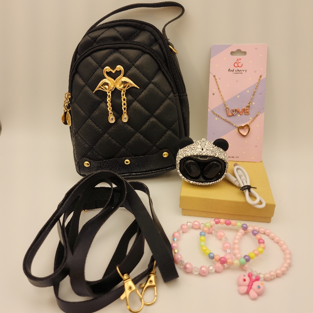 BUNDLE New in Package Mini Backpack/2 Necklaces/3 Bracelets/ Preloved Earbuds